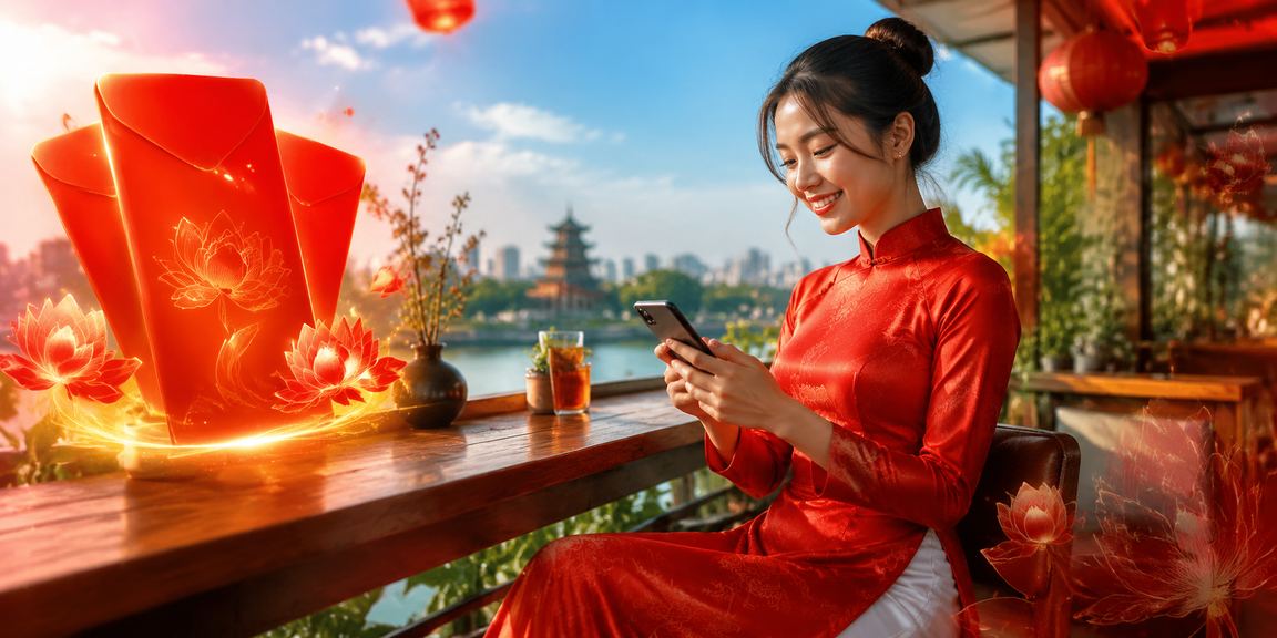 Phụ nữ mặc áo dài cầm phong bao đỏ truyền thống Hà Nội, không khí lễ hội và giải trí trực tuyến